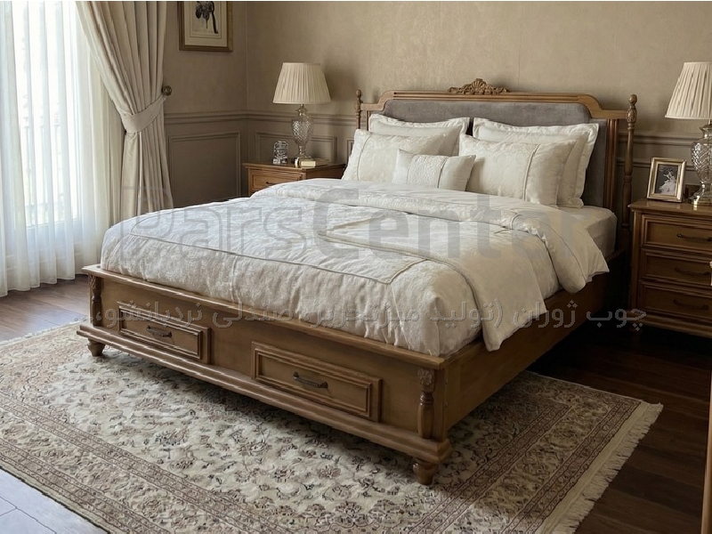 تخت خواب چوبی دو نفره پایه کاجی و خراطی شده گردویی روشن