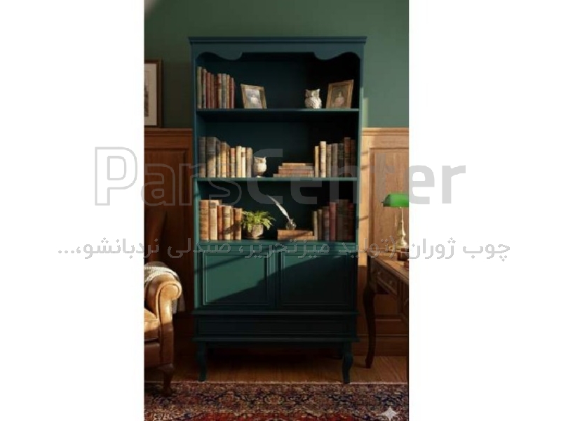 کتابخانه کلاسیک مدل LT80 با رنگ سبز سلطنتی کمد و کشو دار