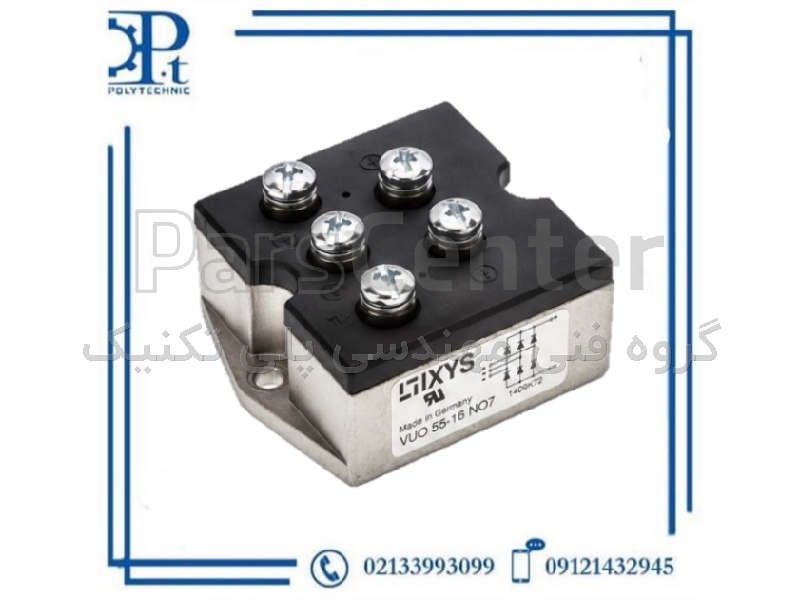 پل دیود سه‌فاز IXYS مدل VUO55-16NO7 |  آمپر58 | 1600 ولت | رکتیفایر سه‌فاز | بستر DCB | اورجینال آمریکا