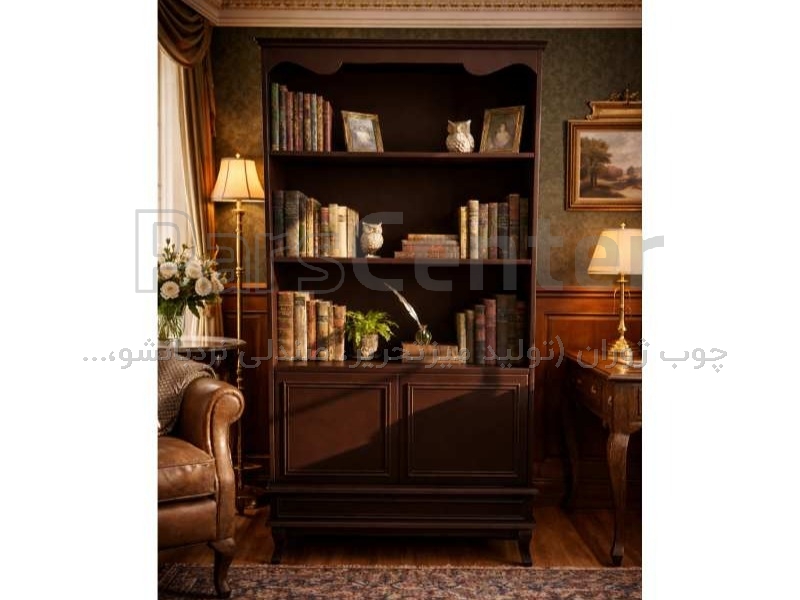کتابخانه کلاسیک تاج دار مدل LT80 با رنگ فندقی کمد و کشودار